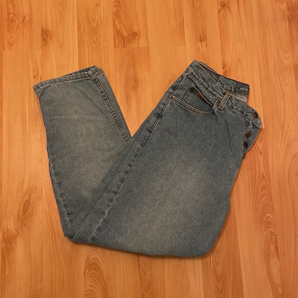 Eddie Bauer, (very) loose fit, button up fly, high waisted, 90’s